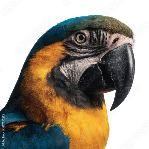 Vibrant parrot portrait studio setting animal photography colorful display close-up transparent background