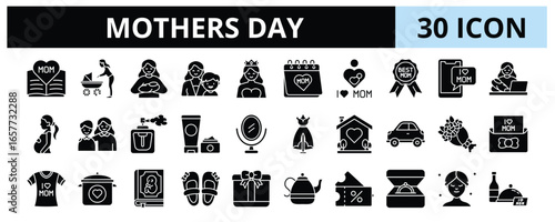 30 Mothers Day Glyph Icons Vector - I Love Mom, Parfum, Cosmetic, Best Mom Award, Sweet Home, Gift Box, Jewelry Gift, Shopping Voucher 