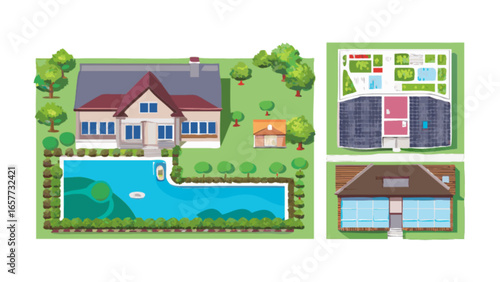 House with pool landscaping aerial view property real estate architecture home design residential building plan