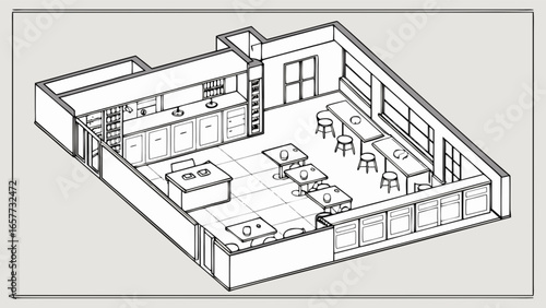 Restaurant interior design layout plan with tables chairs bar and kitchen area isometric view drawing sketch