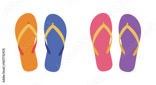 Colorful flip flops in orange blue pink and purple with yellow straps silhouette
