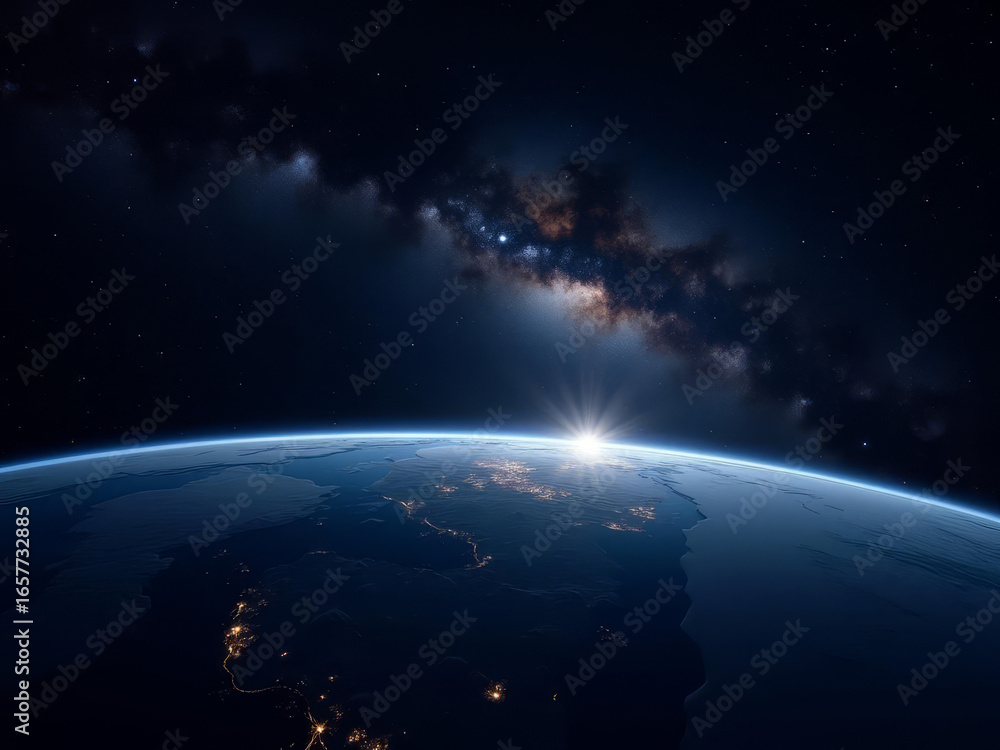Naklejka premium Lever de soleil majestueux sur la Terre, illuminant l’espace infini et la Voie lactée.