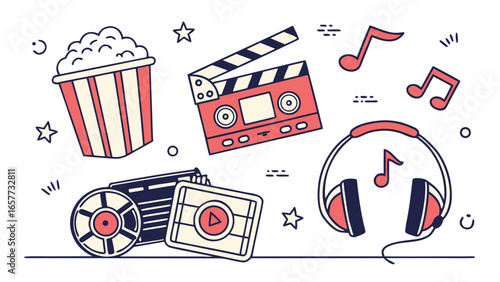 A creative collection of essential entertainment icons, thoughtfully arranged, representing cinema, music, and diverse media for various creative uses