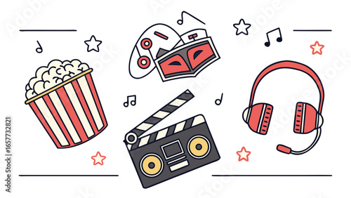 Movie Night Essentials Popcorn, Headphones, and Classic Film Fun