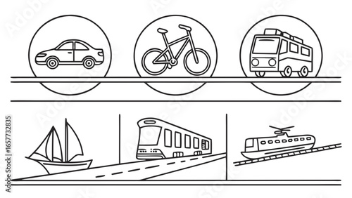 A versatile minimal vector set depicting six essential transportation options. Features vehicles for road, rail, and water, presented as simple, clean line art icons