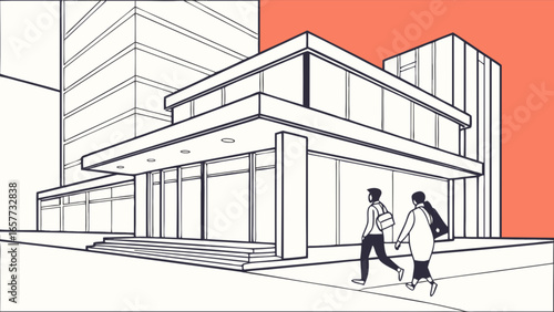 Illustration of modern building architecture with people walking near commercial real estate property design