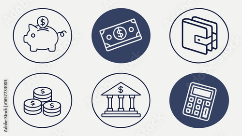 A Set of Six Finance Related Vector Icons Piggy Bank, Cash, Wallet, Coins, Bank Building, and Calculator - Clean Design