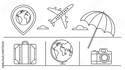 A stylish set of travel-themed linear icons featuring a globe location pin, airplane, umbrella, suitcase, globe, and camera, perfect for illustrating vacation and exploration concepts.