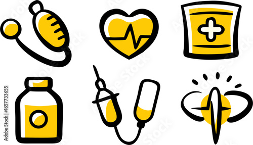 Set of 6 Hand-Drawn Healthcare and Medical Icons Stethoscope, Heartbeat, Cross, Medicine Bottle, IV Drip, and Pulse Wave