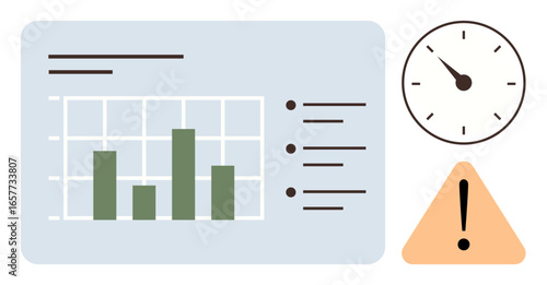 Bar graph on a dashboard with clock showing urgency and warning triangle signaling risk. Ideal for analytics, decision-making, performance review, monitoring, time management, risk assessment, simple