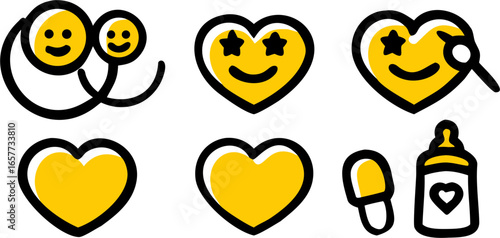 A heartwarming collection of cheerful vector icons illustrating themes of love, family, happiness, and tender infant care, ideal for various design projects