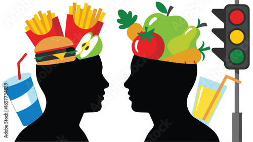 Conceptual Image of Two Heads Contrasting Junk Food vs Healthy Food Choices with Traffic Light