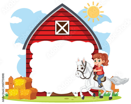 Girl Riding Horse Near Red Barn