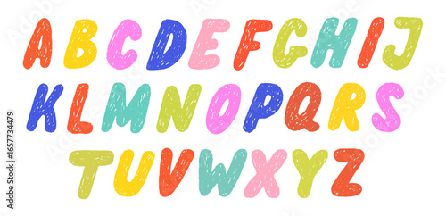 Crayon Drawn Bold Alphabet Capital Letters. Colorful font with hand draw pencil texture