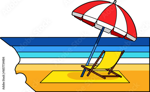 Relaxing summer beach vector illustration featuring umbrella, chair, and sea view, great for travel, vacation, summer holidays, and tourism designs