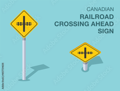 Traffic regulation rules. Isolated canadian "railroad crossing ahead" road sign. Front and top view. Flat vector illustration template.
