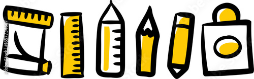 Flat cartoonish vector icons of school and art supplies, including a pencil, ruler, and measuring instrument, displayed in a row, perfect for educational or creative projects