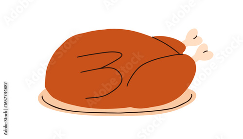 Chicken, whole roasted cooked poultry on plate. Festive grilled bird, traditional holiday turkey dish, dinner meal. Delicious fowl meat. Flat vector illustration isolated on white background