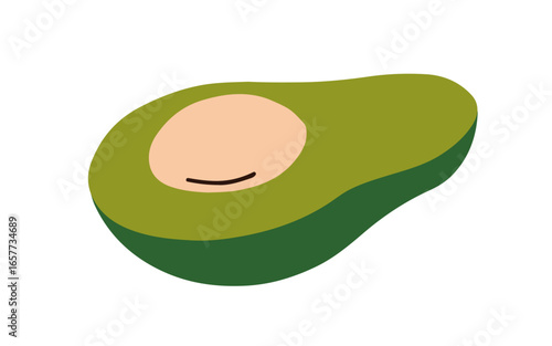Avocado cut half, piece with pit, core. Healthy vegetarian fruit. Green vegetable, cross-section with seed. Fresh natural eating. Flat cartoon vector illustration isolated on white background