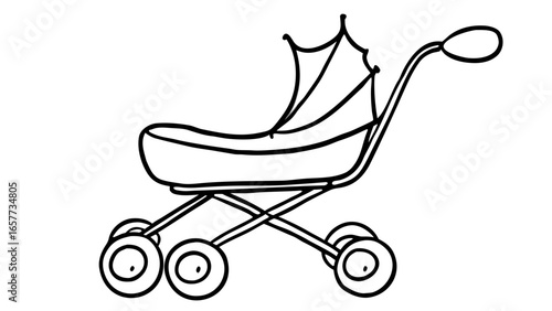 Simple monochrome vector outline illustration of a classic baby stroller, perfect for various design projects related to childhood, parenting, and family life