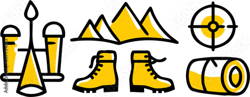 Hand-drawn style vector icons featuring camping and outdoor adventure elements tent, mountains, boots, target, and sleeping bag, perfect for recreational activities