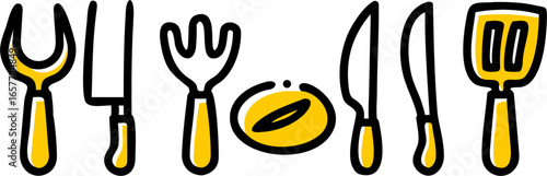Set of six minimal outline icons in vector style featuring kitchen utensils for cooking, grilling, and barbecue like a fork, knife, and spatula.