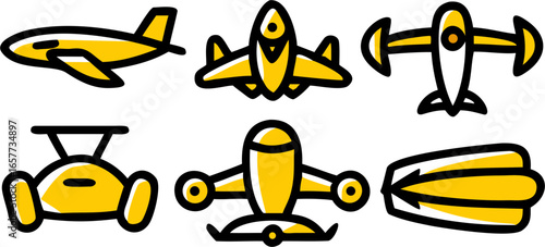 Collection of Yellow Airplane Icons A Set of Six Vector Illustrations Depicting Various Aircraft Designs Suitable for Aviation, Travel, and Transportation Themes