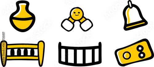 Vector set of 6 baby-themed icons Jar, Molecule, Bell, Crib, Barrier, and Remote. Perfect for design projects, emphasizing baby-related themes.