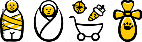 Collection of six unique yellow and white graphic icons, featuring a baby, shopping cart, and a decorative bow, designed in a clean, modern style.