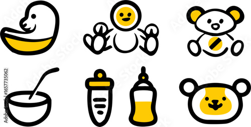 Vector set of six unique baby icons. Includes infant, teddy bear, rubber duck, baby bottle, food bowl. Ideal for children's and nursery design projects.
