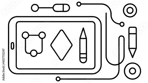 Minimalist single-line vector illustration showcasing a tablet with a pen, stylus, and graphic design elements, perfect for tech and creative concepts.
