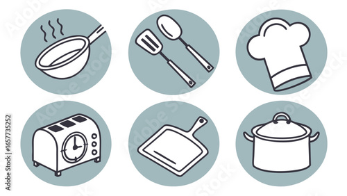 Elegant minimalist vector art set with six essential kitchen and cooking icons, including practical utensils, various cookware, and handy appliances for any culinary design project.