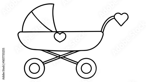Minimalist single line vector illustration of a charming baby carriage featuring delicate heart accents, ideal for nursery decor or new parent designs.