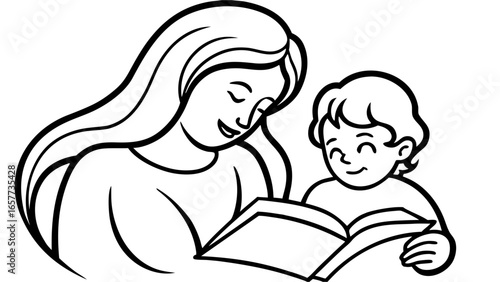 Simple vector illustration of a nurturing mother and her child joyfully reading a book together, emphasizing education, bonding, and a happy family learning moment.