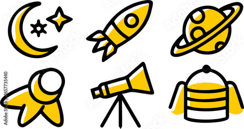 Set of six clean, hand-drawn space and astronomy icons arranged in two rows, featuring a rocket, planet, moon, stars, telescope, and astronaut helmet.