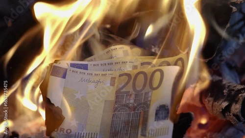 Burning euro banknotes in fire
