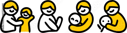 Set of adorable, continuous-line art vector icons depicting a person holding a child in various embraces, conveying affection, comfort, and care, ideal for illustrating parenthood and family themes