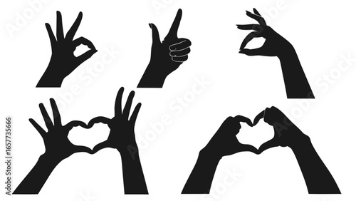 Diverse set of human hand gestures beautifully rendered as stark black silhouettes against a clean, brilliant white background, symbolizing communication and care.