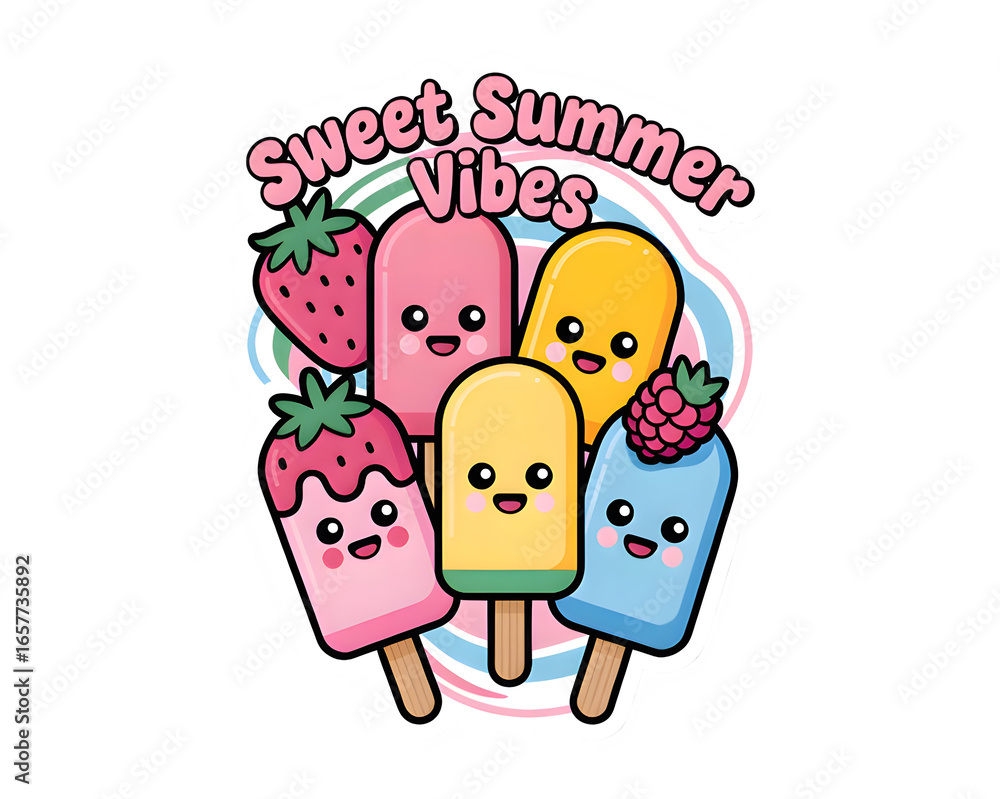 Fototapeta premium Colorful popsicles with smiling faces, kawaii style, pastel and neon palette, sticker cutout