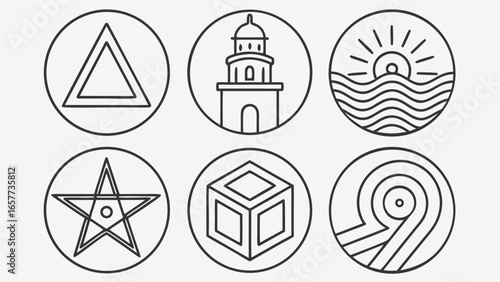 Geometric Harmony Six Abstract Vector Icons Arranged Neatly Showcasing Simplicity and Modern Design Elements in a Circular Layout