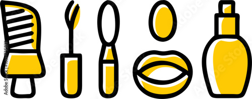 A minimalist collection of six beauty and cosmetic-related icons, including a mascara wand, lip gloss, and skincare bottle, in a simple line art style