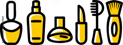 A vibrant collection of stylized beauty product icons, including perfume bottles, lipstick, and makeup brushes, presented in a modern, minimalist yellow and black design.