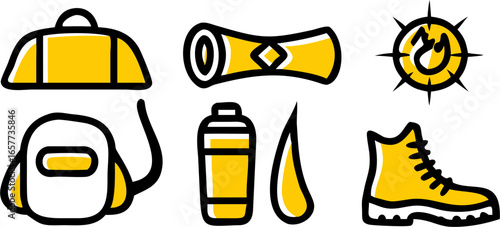 Six camping vector icons in two rows, featuring a yellow duffel bag, sleeping bag, compass, backpack, water bottle, teardrop, and hiking boot; ideal for outdoors and adventure