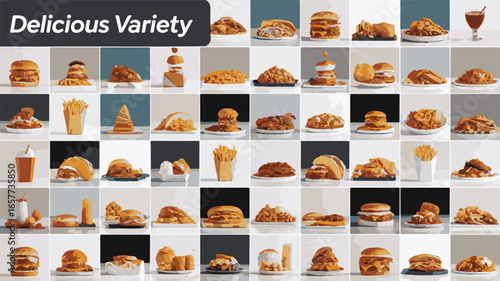 Extensive Collage of Fast Food Items Including Burgers Fries Tacos and Drinks french fries