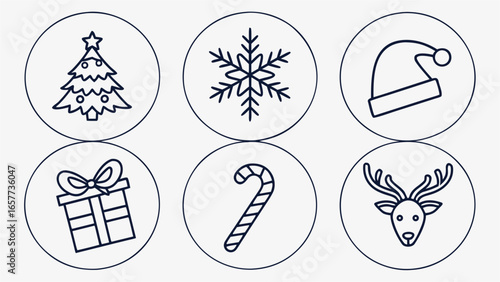Festive Holiday Icons A Collection of Christmas Symbols Including a Tree, Snowflake, Hat, Gift, Candy Cane, and Reindeer