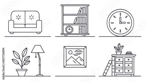Minimalist Home Decor Line Art Icons of Sofa, Bookshelf, Clock, Lamp, Plant, and Dresser in a Clean, Modern Vector Design