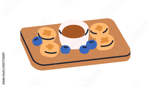 Blueberries and banana slices, chocolate dip on tray. Sweet berries and fruit...