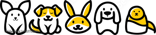 A charming collection of five cute cartoon pet icons in a minimalist line art style, featuring various dogs, a sweet rabbit, and a little chick.