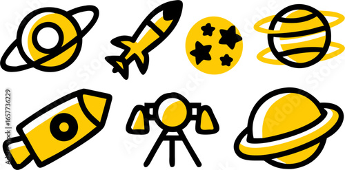 Six dynamic space-themed vector icons, evenly arranged. Bold yellow and black outlines show rockets, planets, and stars. Perfect for cosmic educational designs.