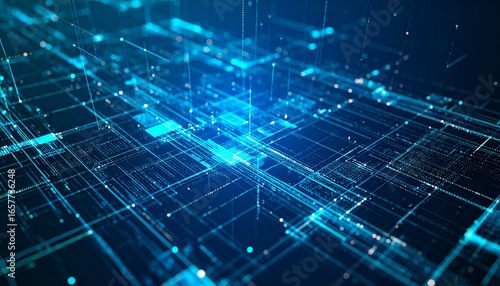 Abstract blue network grid with glowing nodes and lines, representing data flow and digital connectivity.